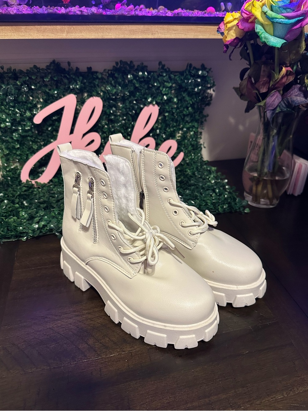 Women's Cream Lace-Up Combat Boots sizes 6, 7, 7.5, 8, 9